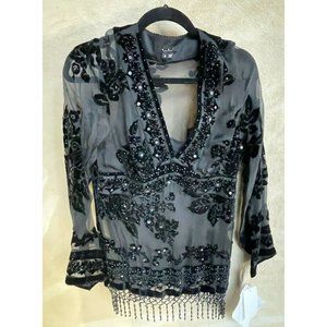 E.C.I. New York Sheer Sequin Long Sleeved Black Blouse Size 10 NEW